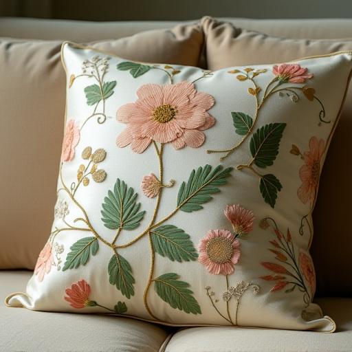 Coussin en soie brodée main, motifs floraux