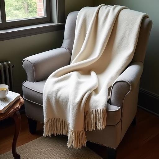 Plaid en laine douce, tissé à la main, couleur écrue